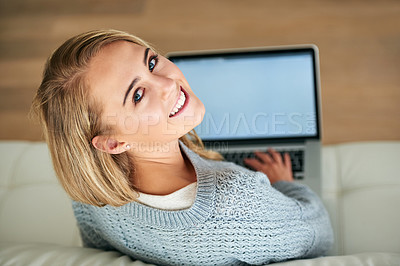 Buy stock photo Smile, screen or portrait of woman with laptop, news or email at home. Female student, feedback or tech on sofa for job searching, internship opportunity or happy for study loan approval in Australia