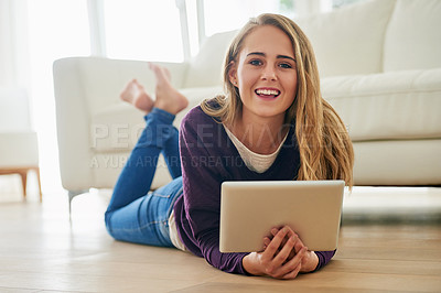 Buy stock photo Portrait, house and woman on floor, tablet and streaming service for entertainment. Face, person or girl with tech, smile or watching film with internet, connection or website for movie or series