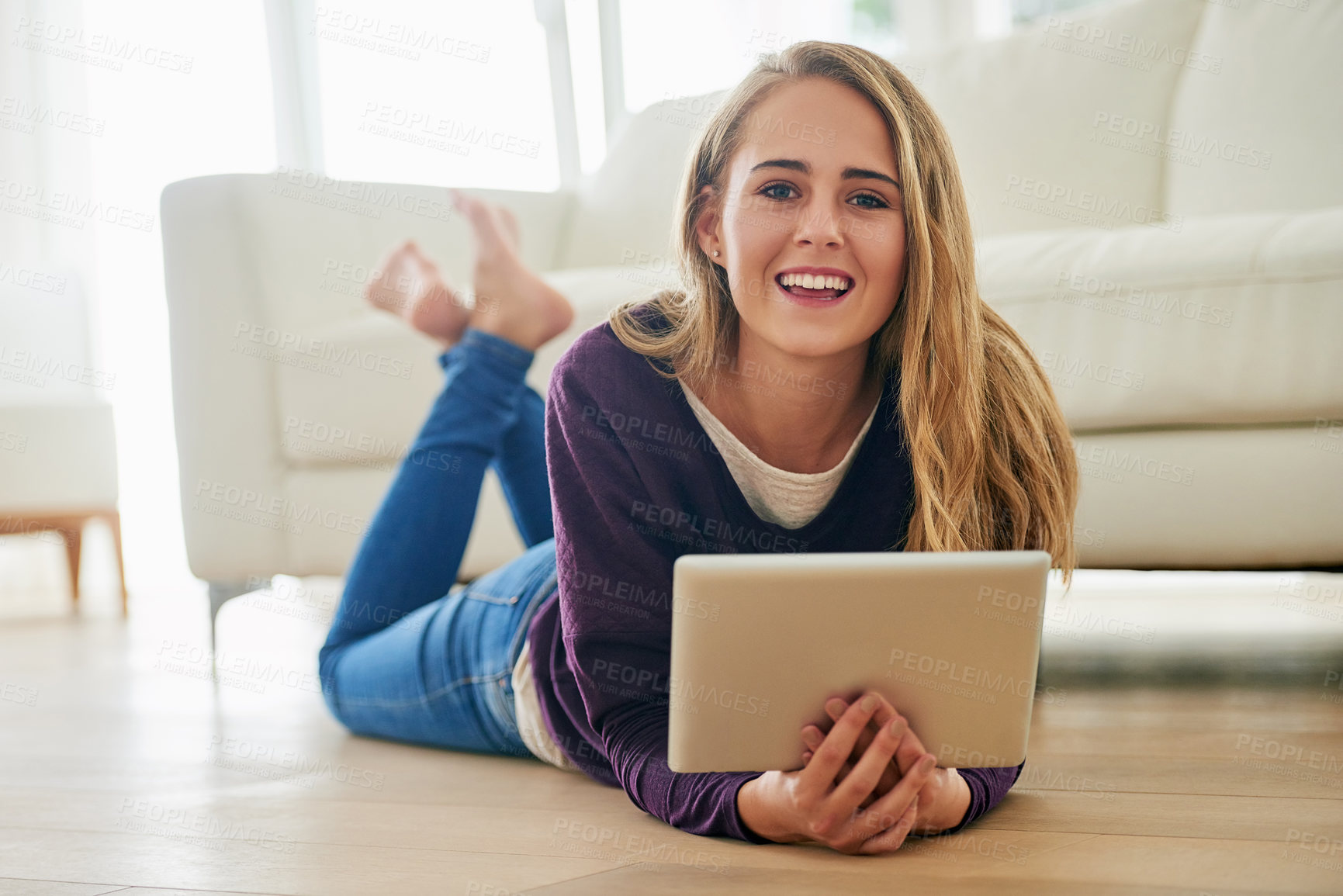 Buy stock photo Portrait, house and woman on floor, tablet and streaming service for entertainment. Face, person or girl with tech, smile or watching film with internet, connection or website for movie or series