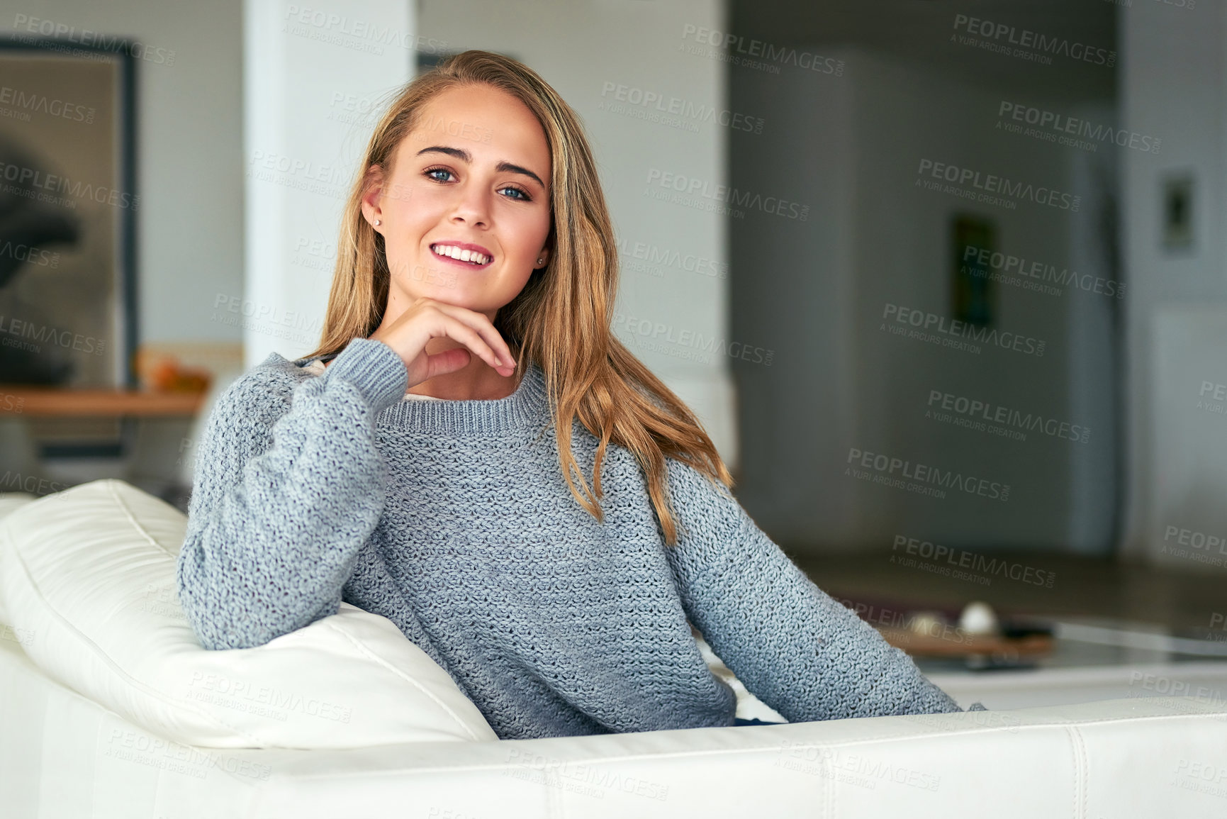 Buy stock photo Portrait, relax and happy lady on couch with smile in living room with home, house or apartment. Face, comfortable woman or girl on sofa with peace or confidence resting on break for wellness