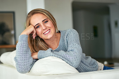 Buy stock photo Portrait, relax and happy woman on sofa with smile in living room with home, house or apartment. Face, comfortable lady or girl on couch with peace or confidence resting on break for wellness