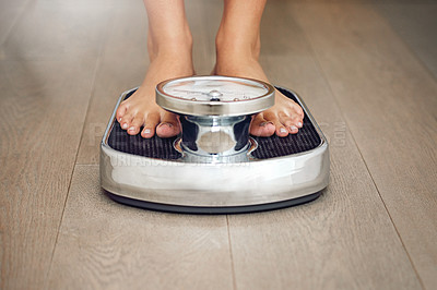 Buy stock photo Scale, feet and person in house, weighing and check of weight loss, diet and fitness with health for girl. Home, wellness and equipment for results of workout, morning or foot on machine in apartment