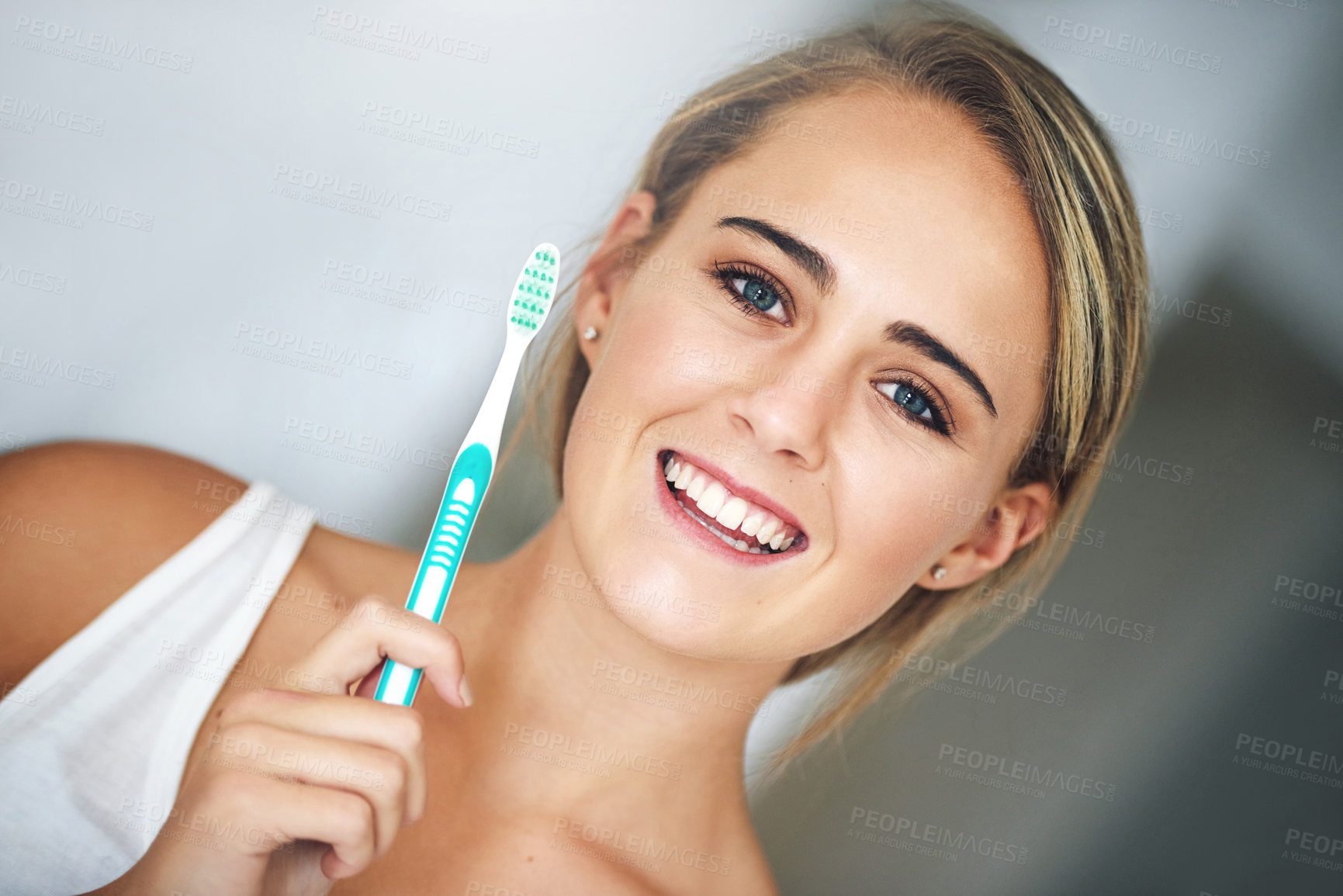 Buy stock photo Dental health, toothbrush and portrait of woman in home for fresh breath, hygiene and grooming routine. Smile, oral care and person brushing teeth for plaque removal or cavity prevention at house.