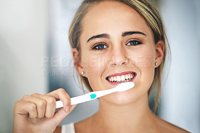 Buy stock photo Oral hygiene, toothbrush and portrait of woman in home for fresh breath, health and grooming routine. Smile, dental care and person brushing teeth for plaque removal or cavity prevention at house.