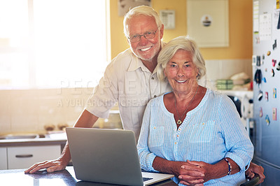 Buy stock photo Senior couple, portrait and laptop with smile on video call in kitchen for communication, social media or network. Love, computer and face of old man or woman, home and contact family together