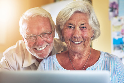 Buy stock photo Senior couple, portrait and happy on video call at home for communication, social media or browse network for streaming. Love, laptop and face of old man or woman, smile and retirement together