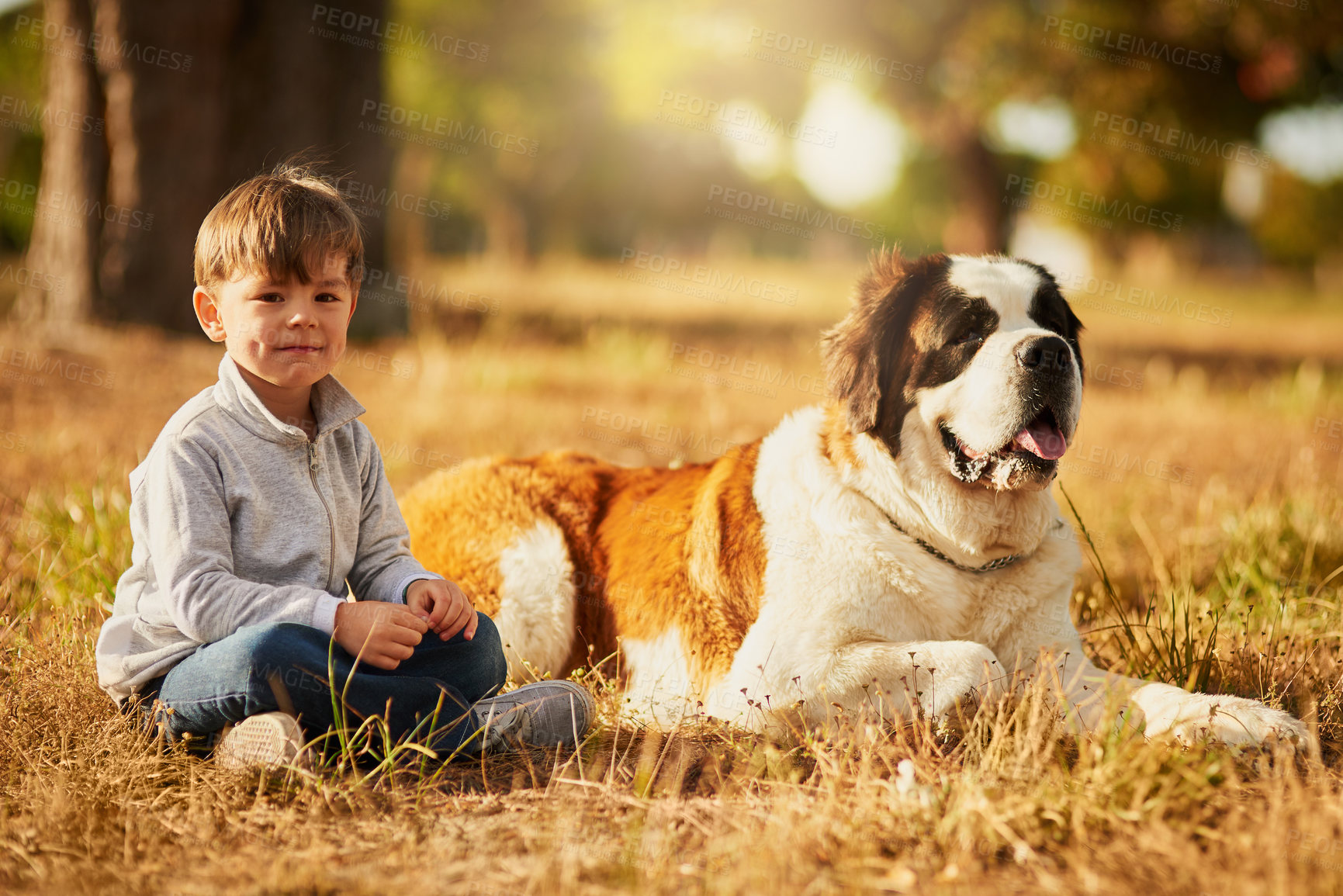 Buy stock photo Portrait of a cute little boy sitting on the grass outside with his dog