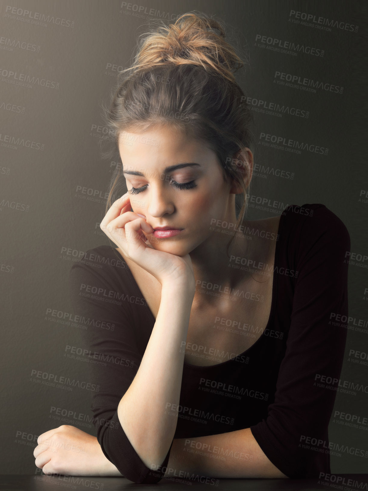 Buy stock photo Sad, fashion and woman with eyes closed in studio isolated on black background. Makeup cosmetics, thinking and young model with depression for mental health, crisis and unrealistic beauty standards