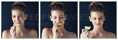 Buy stock photo Composite image of a beautiful young woman eating a slice of lemon