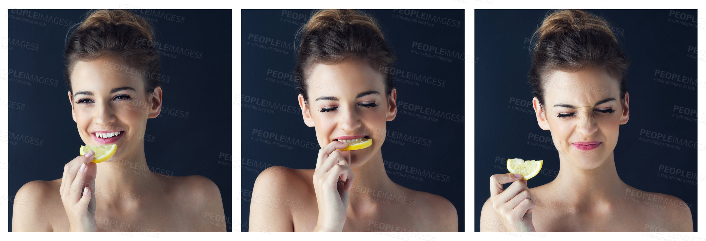 Buy stock photo Composite image of a beautiful young woman eating a slice of lemon