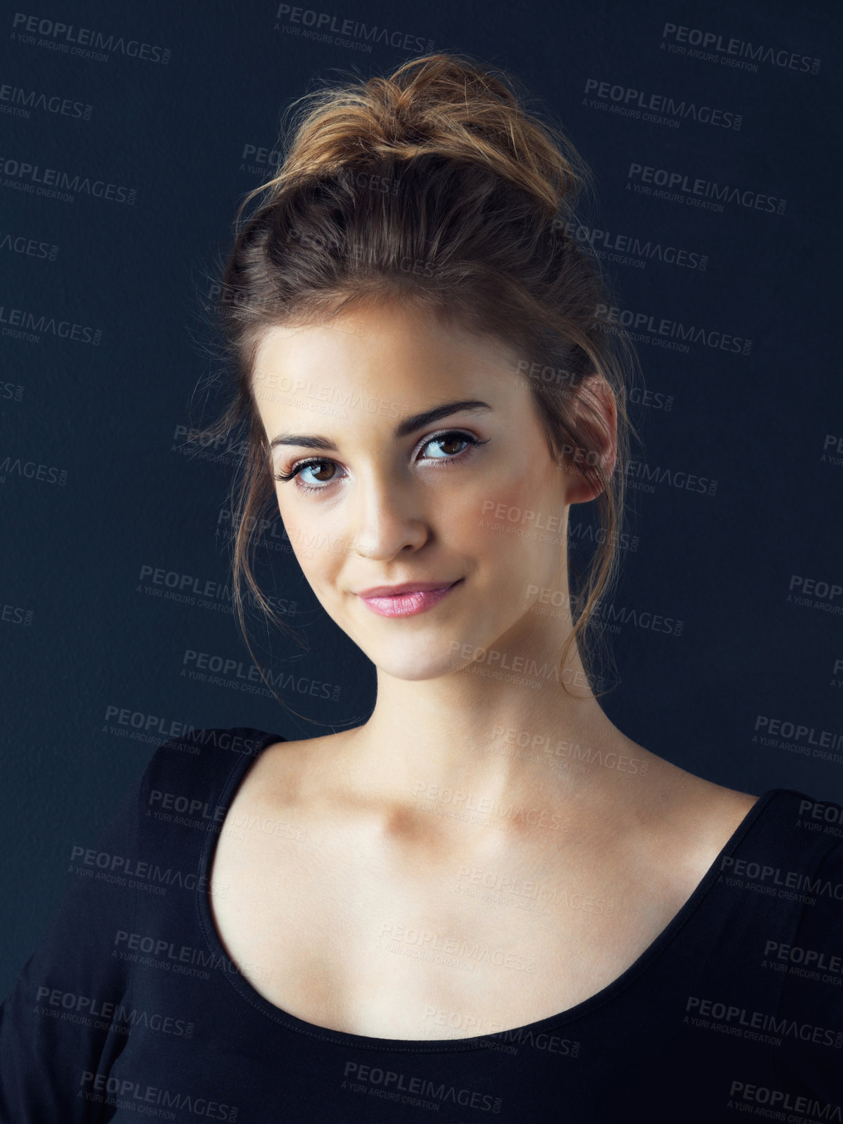 Buy stock photo Dark background, beauty and woman in portrait for makeup, boost confidence and enhance facial feature. Studio, girl model and results of foundation, eyeshadow and face makeover for self care