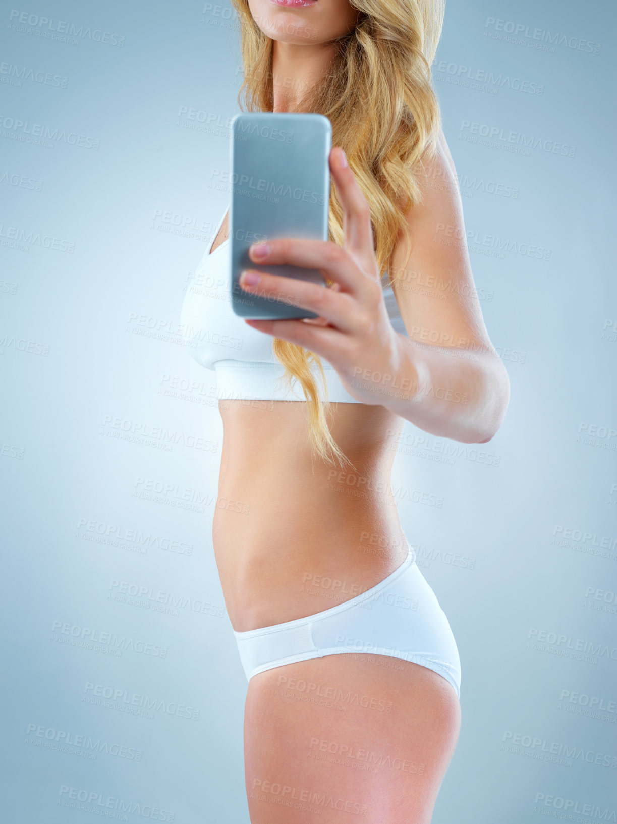 Buy stock photo Woman, picture and smartphone with health body, capture and studio for figure progress on background. Underwear, female model and social media post for weight loss blog, slender and photography