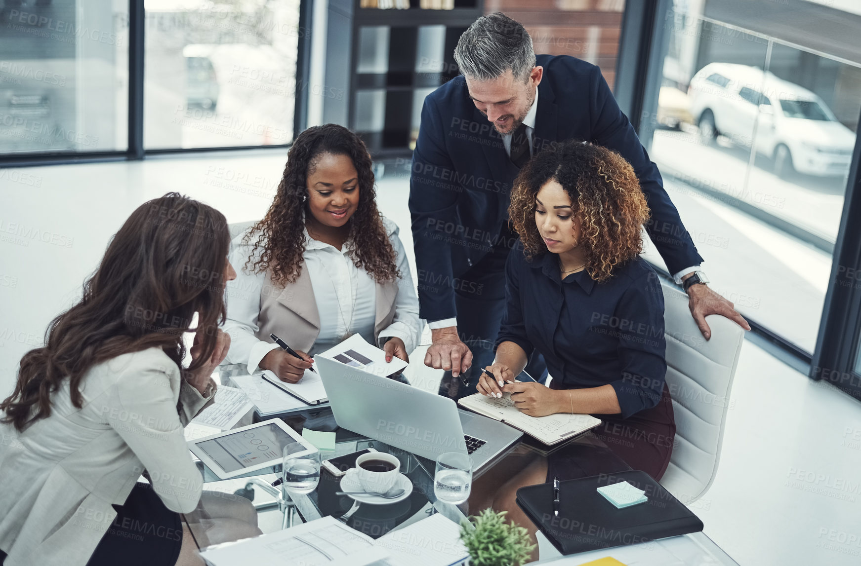 Buy stock photo Laugh, mentor and business people with team director for idea, strategy advice and project management. Collaboration, communication and b2b deal results with colleagues for agency, growth and meeting