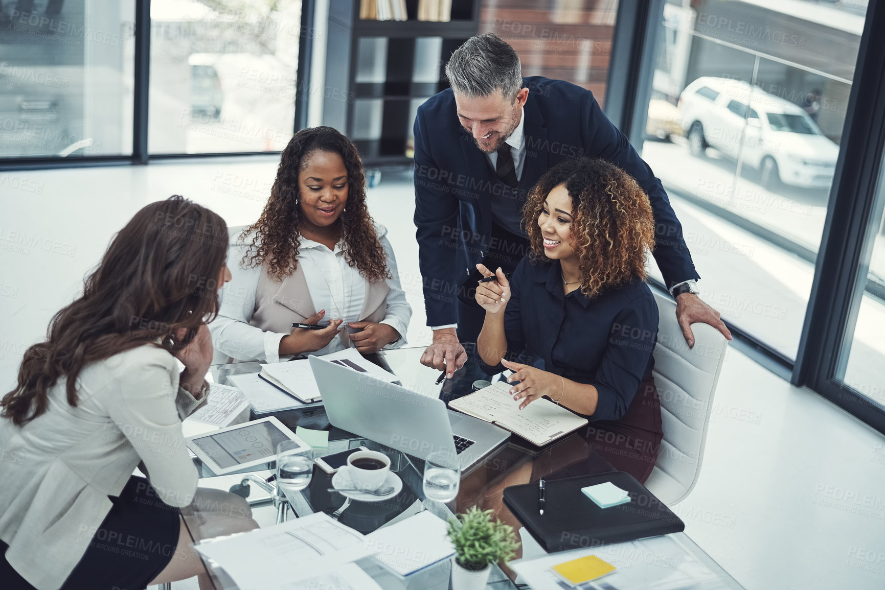 Buy stock photo Laugh, meeting and business people with director advice for idea, strategy and project management. Collaboration, communication and b2b deal results with colleagues for agency, growth and report