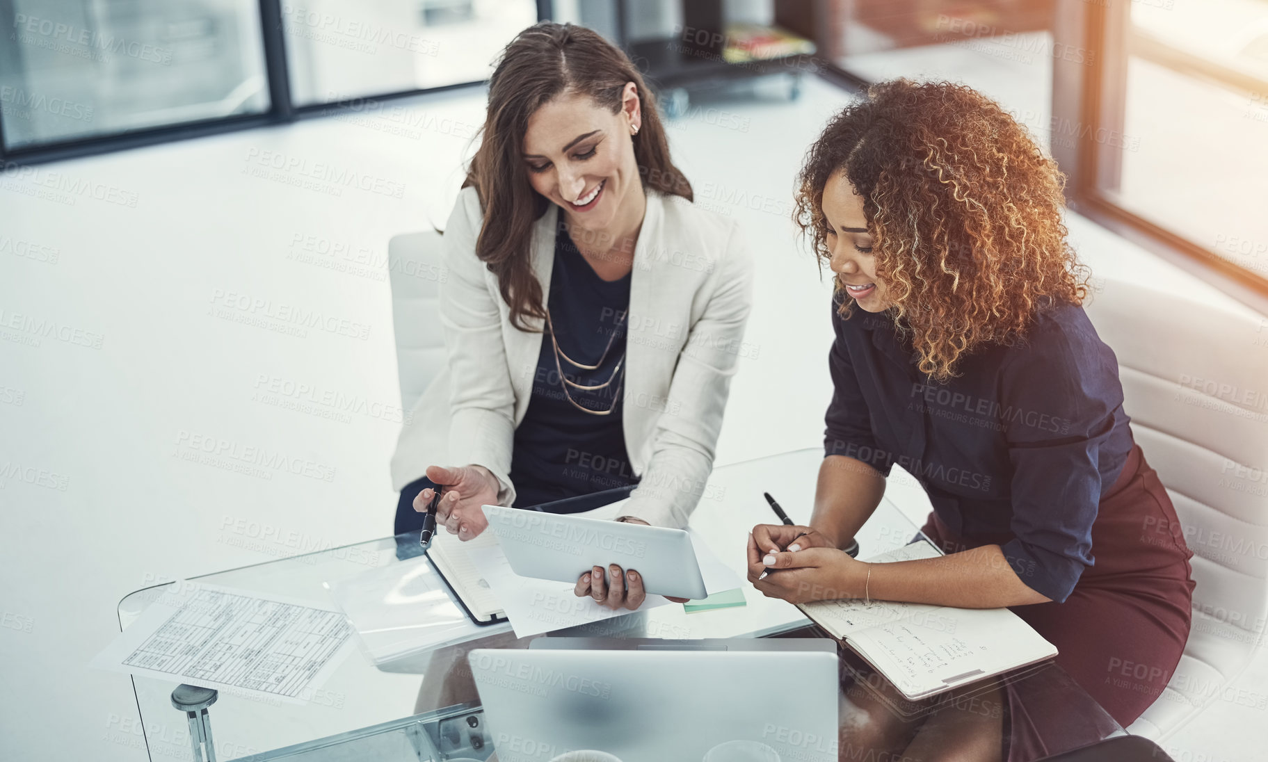Buy stock photo Documents, meeting and tablet with business women in office together for paperwork or strategy. Collaboration, laptop and planning with accounting colleagues at work for financial budget discussion