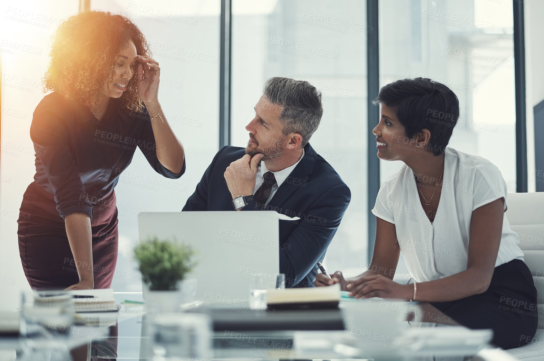 Buy stock photo Corporate, people and talking on laptop in meeting for brainstorming, research and reading feedback. Staff, team discussion and online for financial planning, review budget and investment information