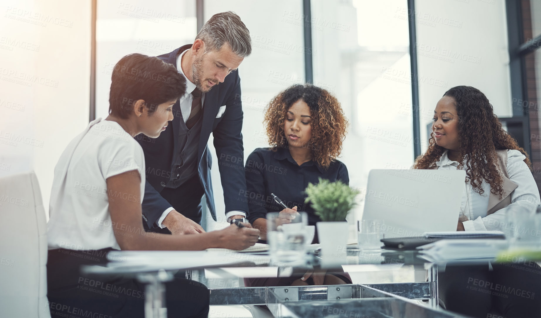 Buy stock photo Planning, finance or business people in meeting with project for feedback, discussion or teamwork. Corporate report, writing or financial advisor talking to economists for economic analysis together
