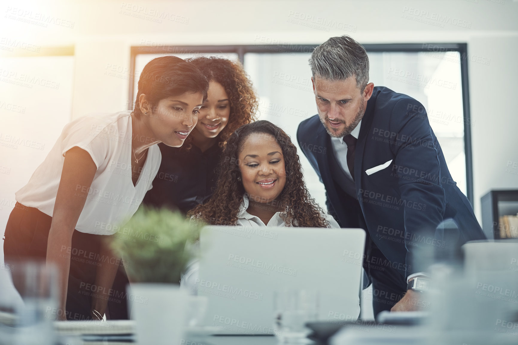 Buy stock photo Laptop, leadership or business people in meeting with news for feedback, discussion or teamwork. Corporate report, happy or financial advisor talking to economists for economy or planning together