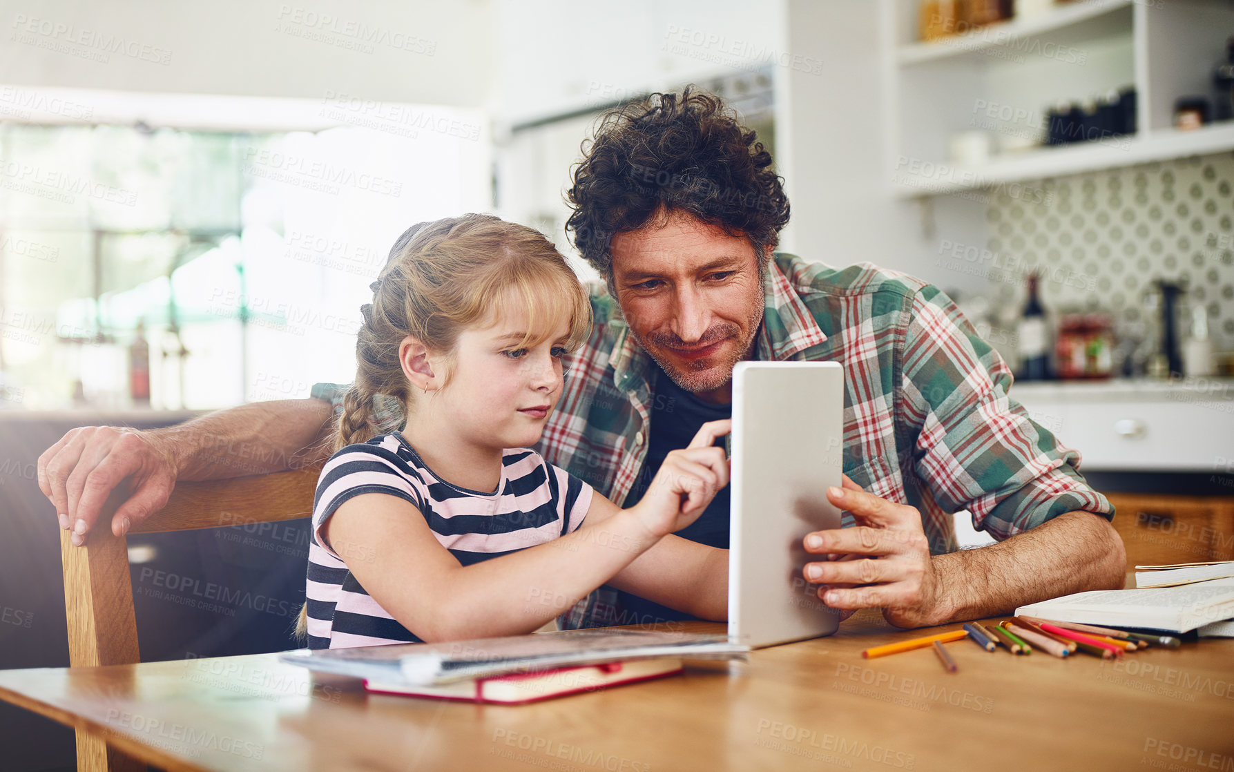 Buy stock photo Home, dad and daughter with tablet for homework or read with elearning for child development, knowledge and growth. Man, kid and support with help for learning or education on internet for homeschool