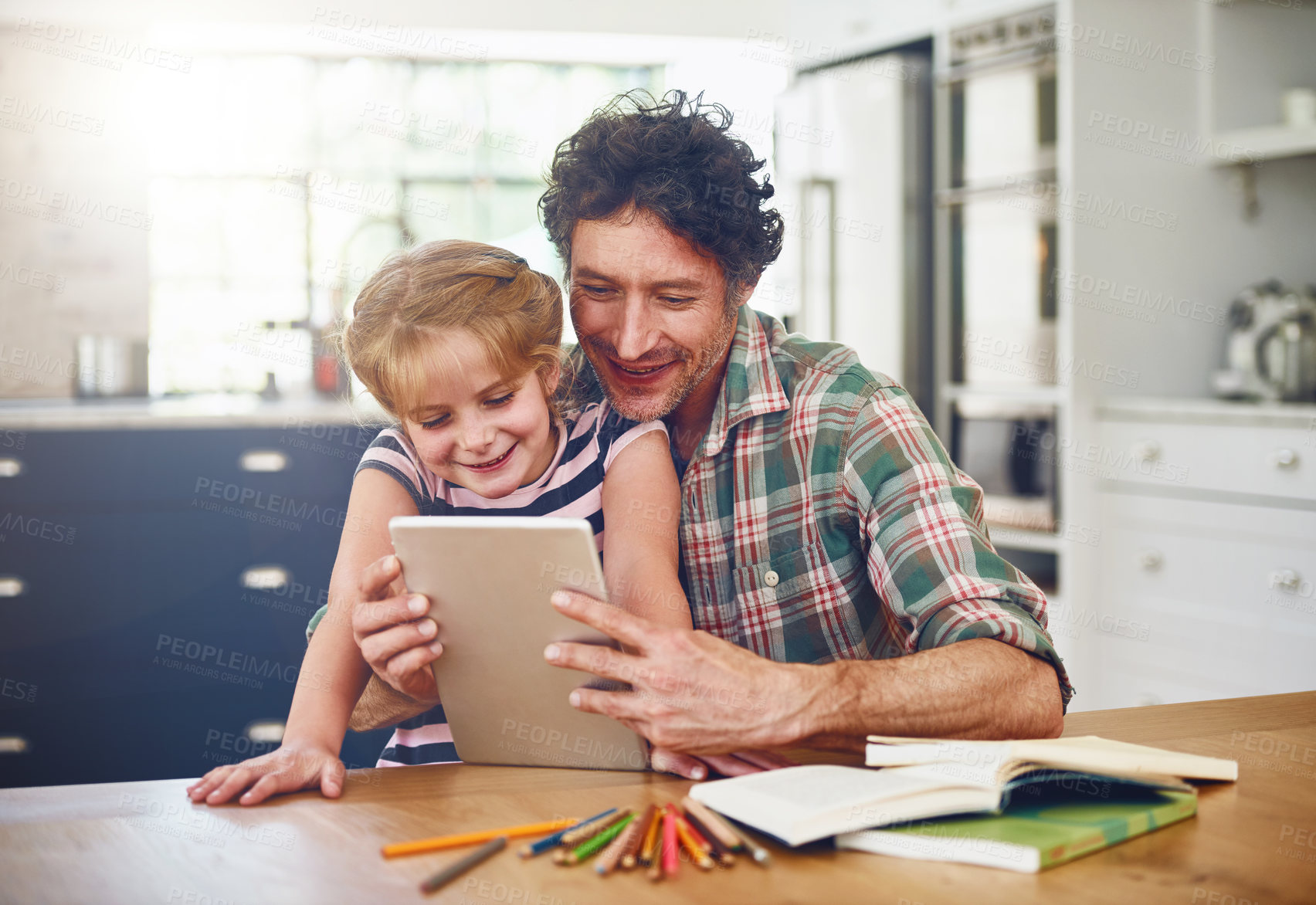 Buy stock photo Home, dad and girl with tablet for homework or read with elearning for child development, knowledge and growth. Parent, kid and support with help for learning on internet for educational games