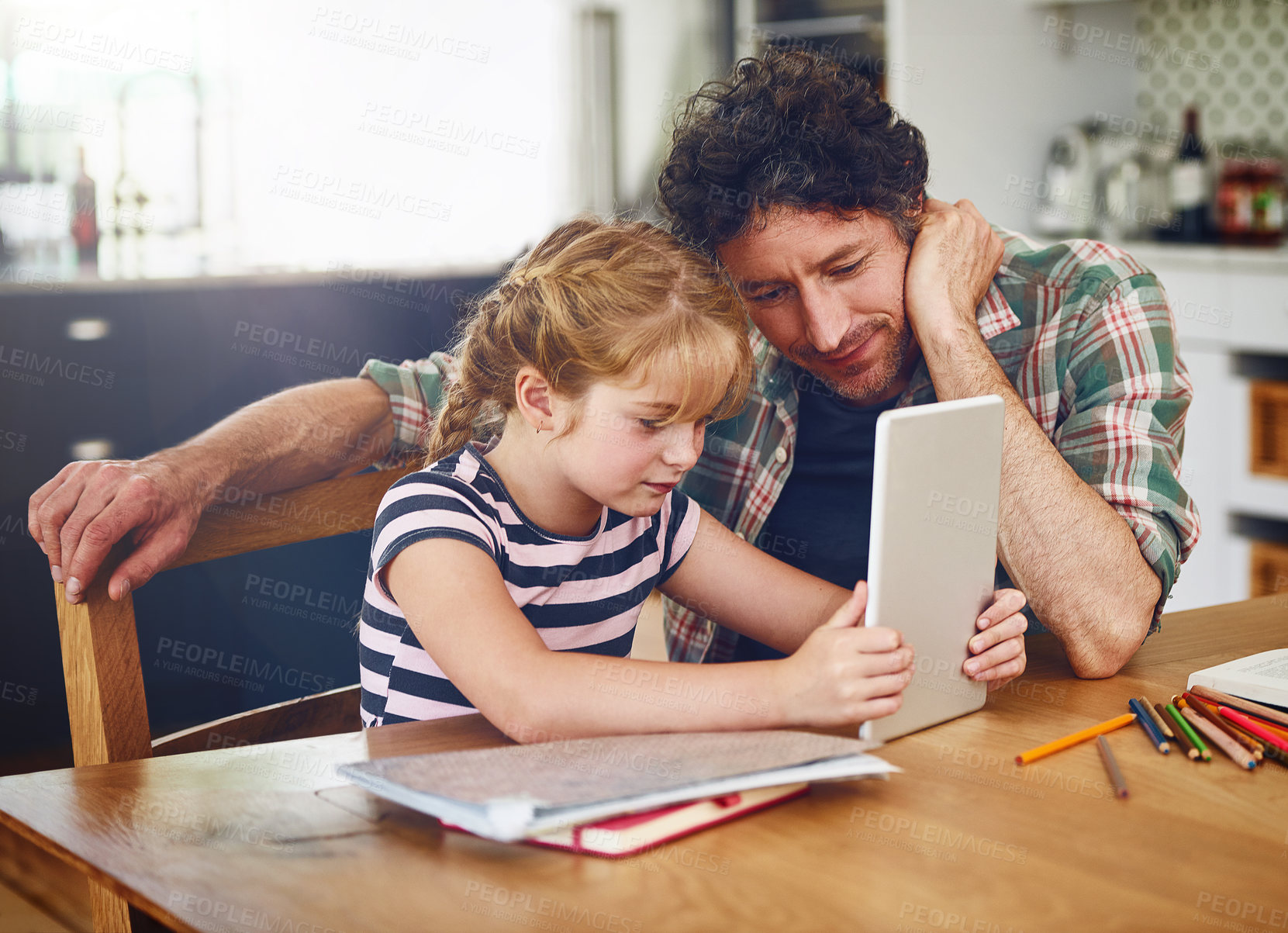 Buy stock photo Home, father and girl with tablet for homework or read with elearning for child development, knowledge and growth. Parent, kid and support with help for learning on internet for educational games