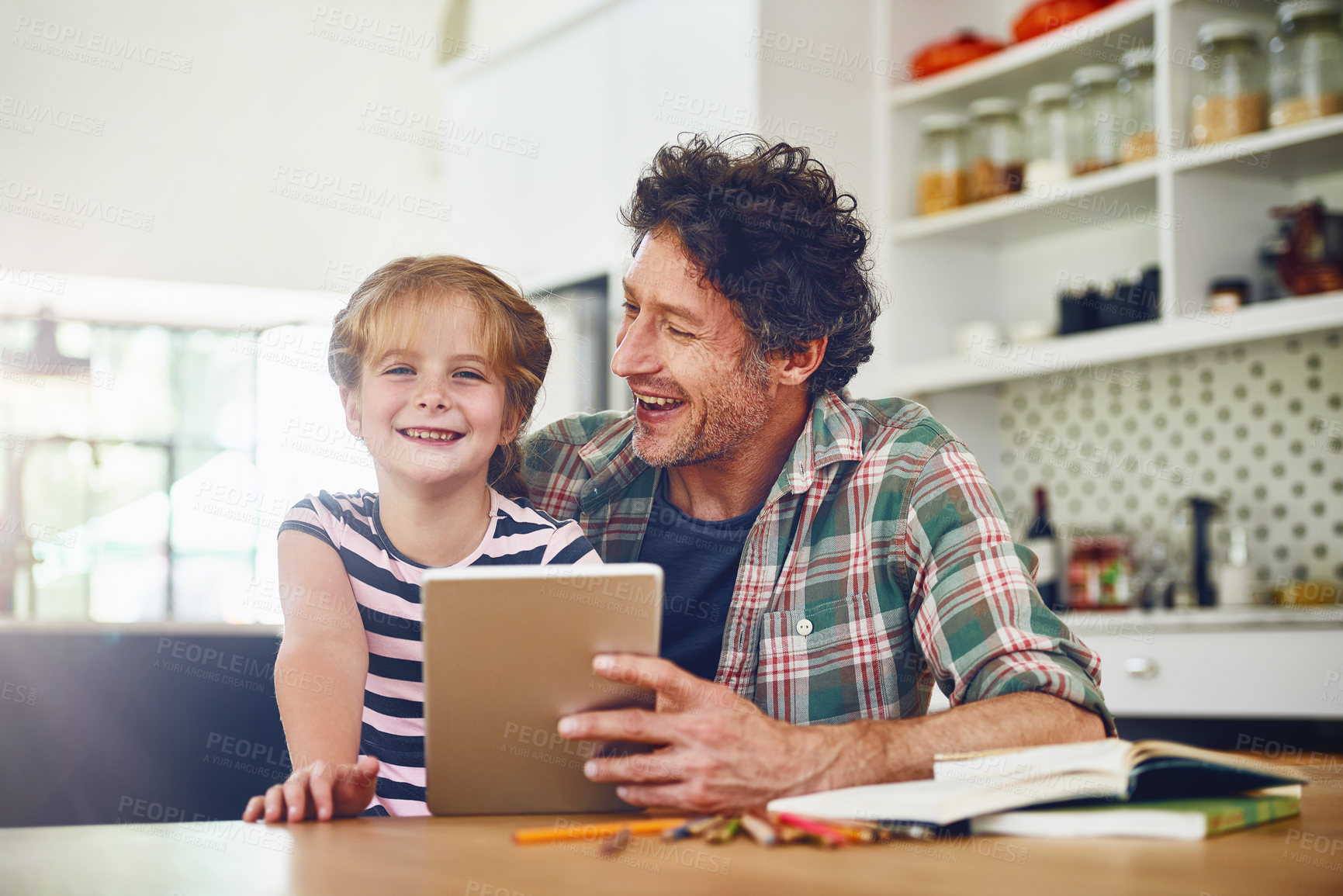 Buy stock photo Homework, father and girl with tablet, tech and smile with connection, elearning and social media. Apartment, family and single parent with kid, dad and child with tech, typing or app for online game