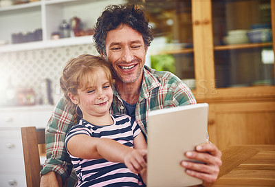 Buy stock photo Happy, tablet and father with child in home for watching movies, cartoons and online entertainment. Family, love and dad with girl on digital tech for internet, videos and relax on weekend together