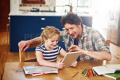 Buy stock photo Smile, dad and girl with tablet for homework in home on table on elearning for child development, knowledge and growth. Parent, kid and support with help for learning on internet for educational game