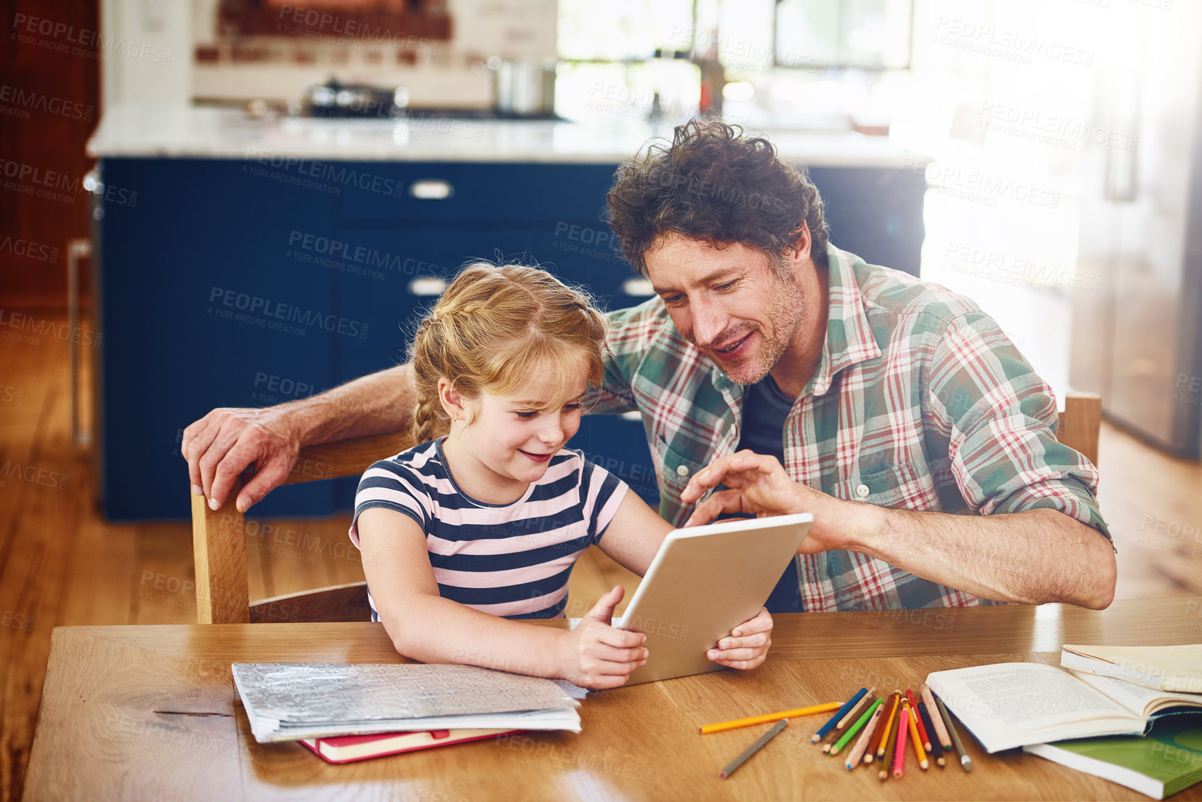 Buy stock photo Smile, dad and girl with tablet for homework in home on table on elearning for child development, knowledge and growth. Parent, kid and support with help for learning on internet for educational game