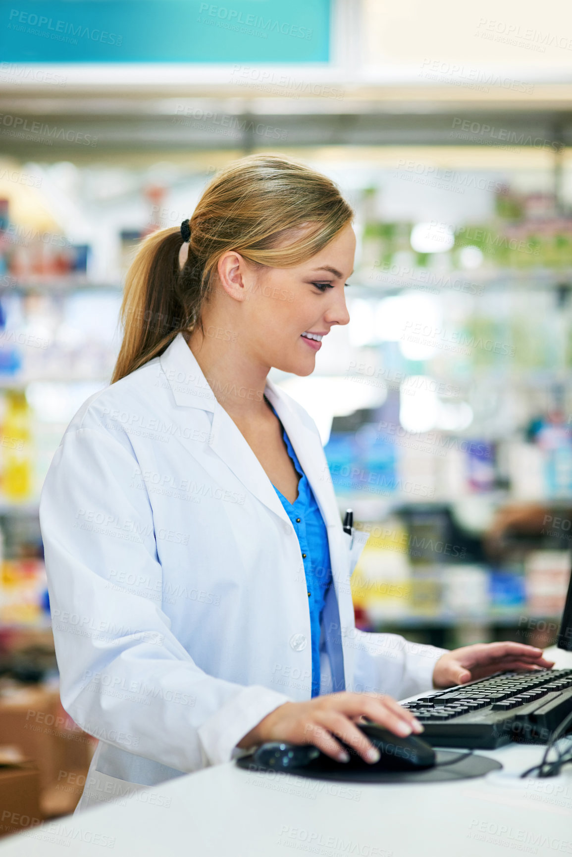 Buy stock photo Woman, pharmacy and computer research with working for medical job or healthcare, reading for medicine or stock. Female pharmacist, drug store and internet with pc for pills check at point of sale