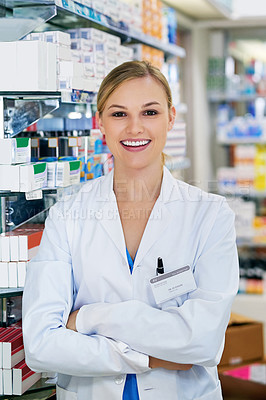 Buy stock photo Woman, portrait and pharmacist with arms crossed for medicine purchase, professional or healthcare. Female person, face and drug store for antibiotic or flu season product, confidence or questions