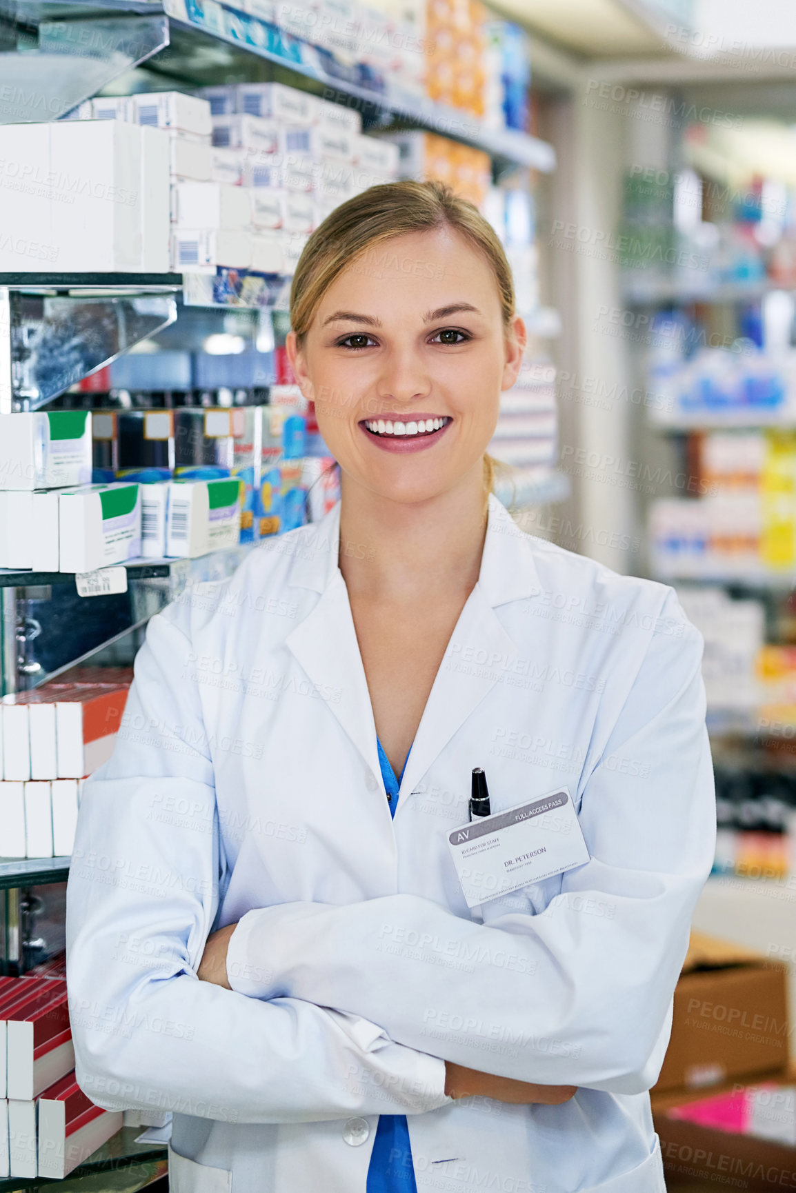 Buy stock photo Woman, portrait and pharmacist with arms crossed for medicine purchase, professional or healthcare. Female person, face and drug store for antibiotic or flu season product, confidence or questions