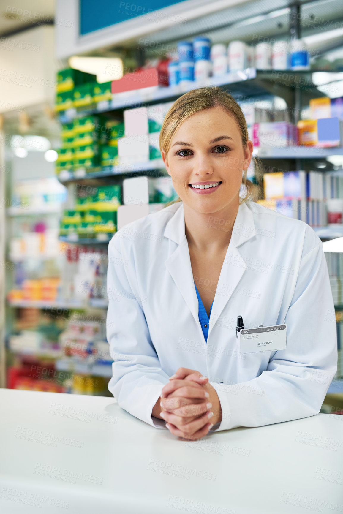 Buy stock photo Woman, portrait and pharmacist counter for medicine purchase or healthcare advice, sales or insurance. Female person, face and antibiotic shopping or questions for patient, consulting or prescription