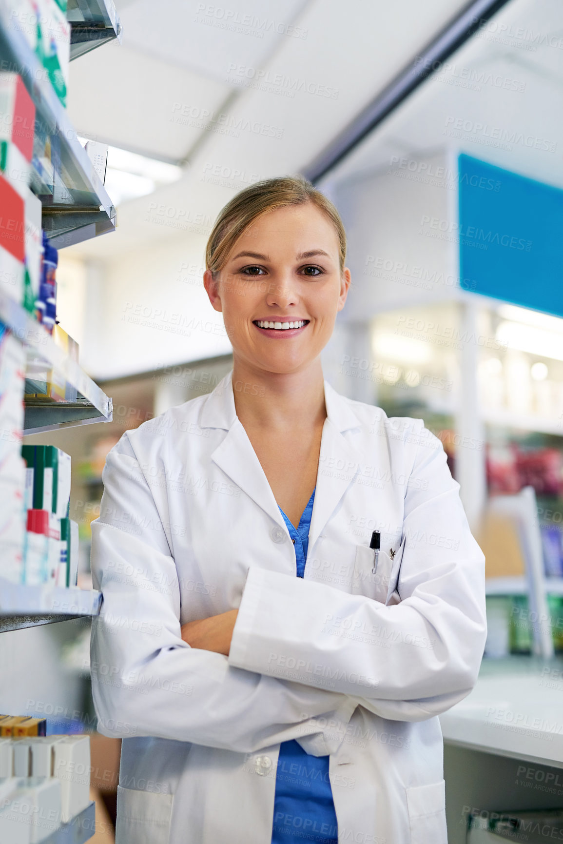 Buy stock photo Woman, confident and pharmacist portrait in pharmacy, trust and drug store or medication dispensary. Healthcare, worker and medicine retailer for career, crossed arms and professional for wellness