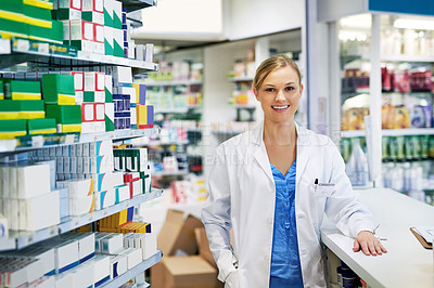 Buy stock photo Woman, portrait and pharmacist chemist for helping advice for medication purchase, questions or trust. Female person, face and counter at drug store for antibiotic for flu season, healthcare or shelf