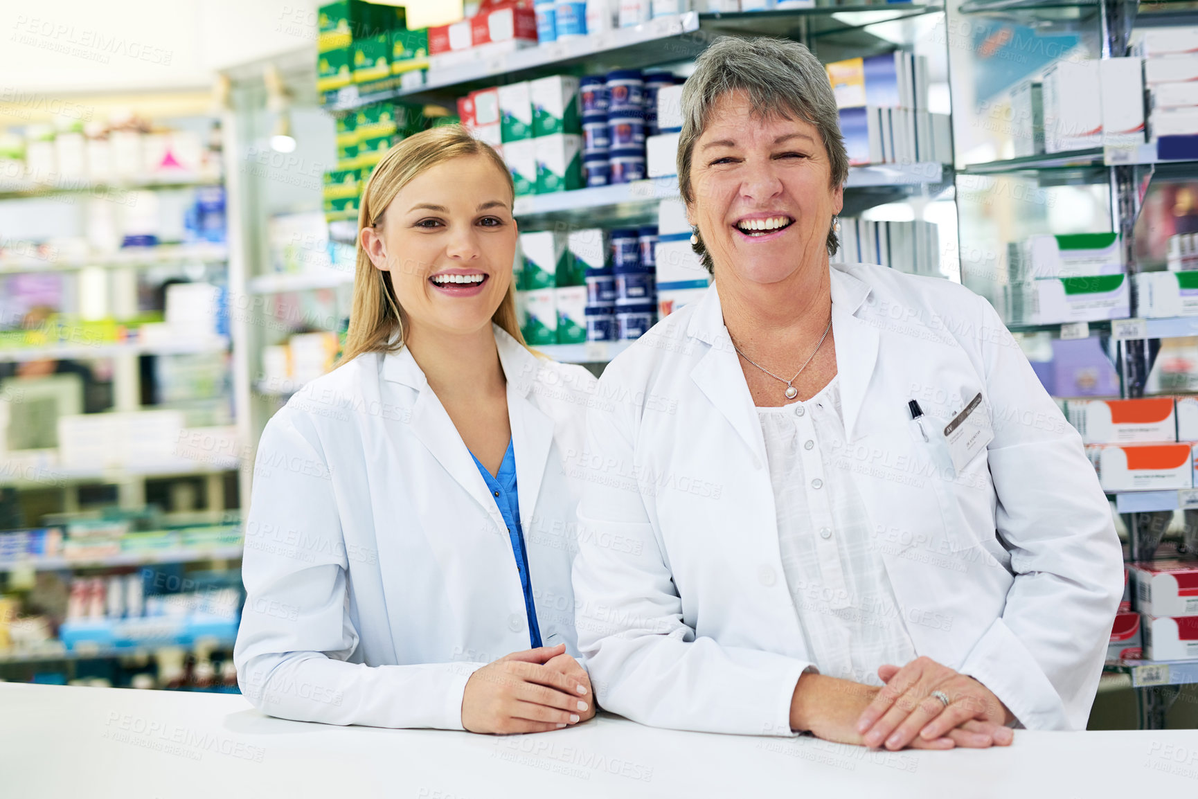 Buy stock photo Portrait, women and pharmacy with teamwork, healthcare and happiness with career ambition, confidence and wellness. Face, people or coworkers in store, pharmaceutical drugs and cooperation with pride