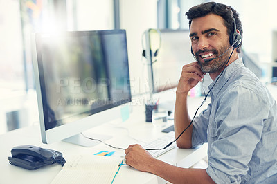 Buy stock photo Portrait, telemarketing and man with a computer, customer service and lens flare with headphones, crm and tech support. Face, office or agent with a headset, call center and help desk with consultant