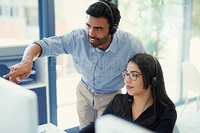 Buy stock photo Telemarketing, manager and employee with customer service, call center or conversation with help desk. Business people, man or woman with tech support, crm or advice with mentor, internet or coaching