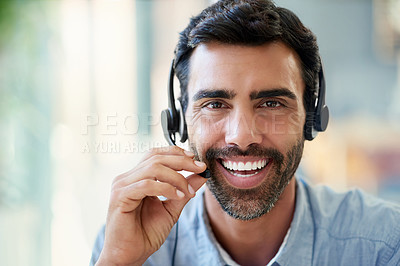 Buy stock photo Portrait, telemarketing and man with customer service, smile and telecomsales, headphones and tech support. Person, consultant and employee with happiness, pc, call center and communication with crm