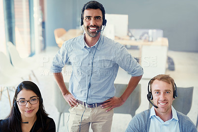 Buy stock photo Telemarketing, manager and employees with customer service, portrait or coaching with help desk. Business people, men or woman with tech support, crm or advice with mentor, internet and call center