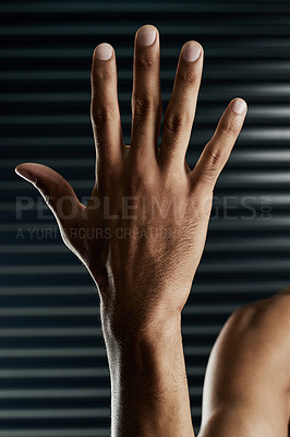 Buy stock photo Five, back and hand on background with counting for steps, instruction and fitness or exercise advice. Man, fingers and gray metal backdrop with numbers sign for sports, workout and wellness reasons