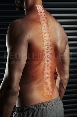 Buy stock photo Back, injury and spine of man for fitness, exercise challenge and accident during physical sports. Male person, overlay or double exposure of red glow, inflammation and anatomy of bodybuilder in gym