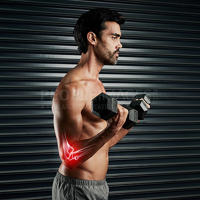 Buy stock photo Dumbbell, injury and elbow of man for fitness, exercise challenge and accident of workout sport. Male person, overlay or double exposure of red glow, inflammation or anatomy of weightlifting in gym