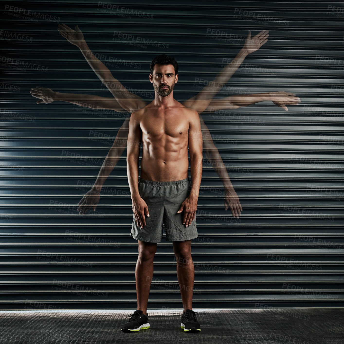 Buy stock photo Multiple exposure portrait of a muscular young man with mulitple arms