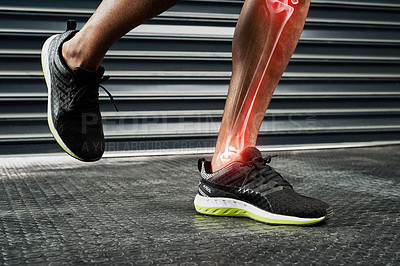 Buy stock photo Closeup shot of an athlete's legs with cgi showing an inflammation in his tibia and fibula