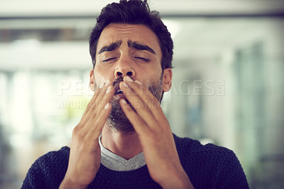 Buy stock photo Business, employee and man sneeze, allergies and flu season with illness, sick and health issue. Male person, agent and consultant with allergy, virus or symptoms with medical problems, sinus or cold
