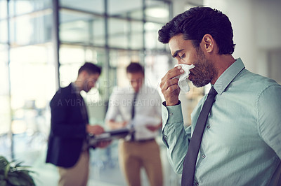 Buy stock photo Business, allergies and man with a tissue, sick and healthcare risk with illness, disease and stress. Male person, office and employee cleaning his nose, medical issue and virus with burnout and flu