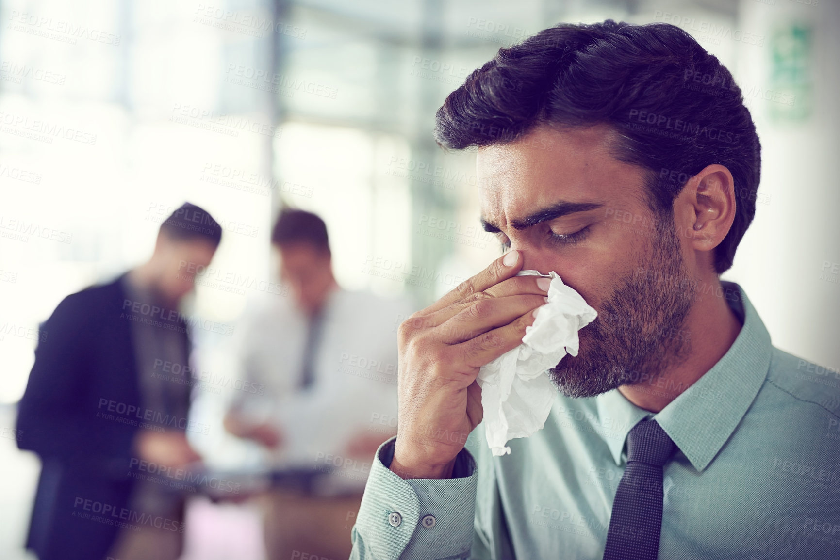 Buy stock photo Allergy, business and man with tissue, sneeze and sick with influenza, health condition and illness. People, employee and consultant with fatigue, office or blowing nose with hayfever, sinus or virus