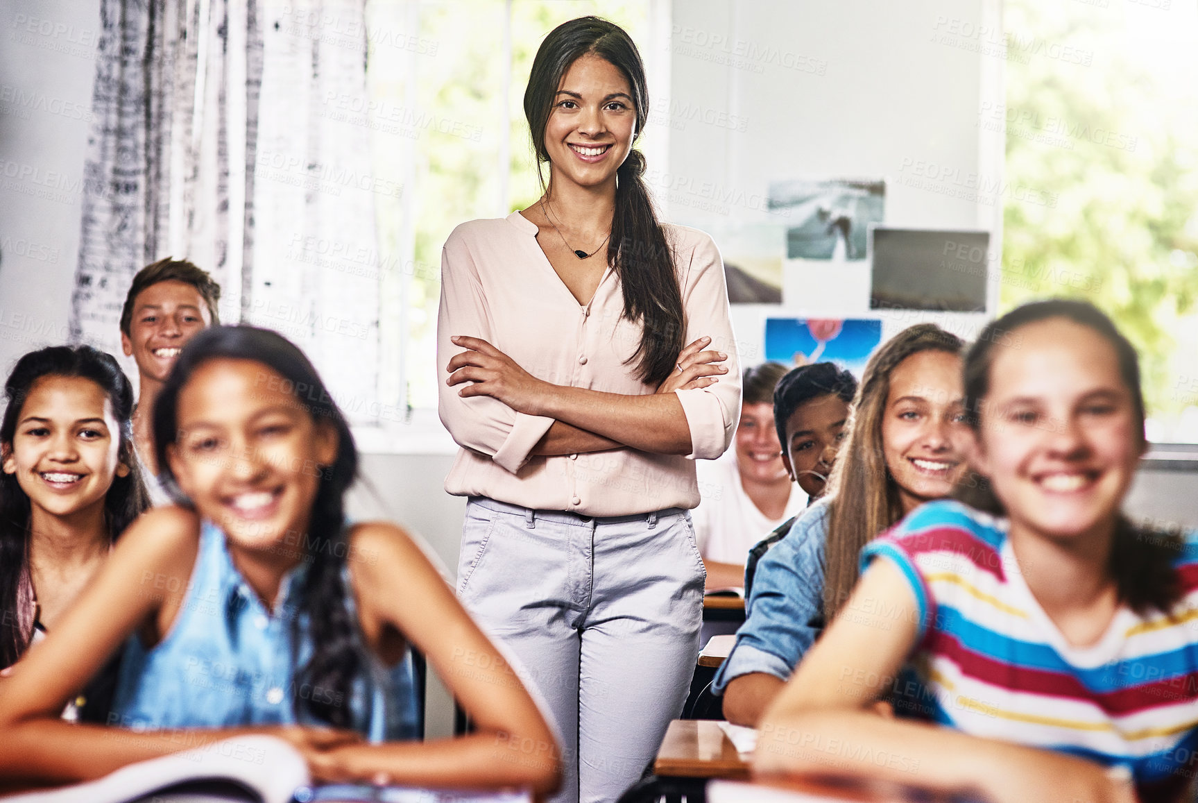 Buy stock photo Portrait, teacher and students in classroom for lesson, learning and studying in high school. Woman, smile and pupils for career in academy, education and development for future with happiness