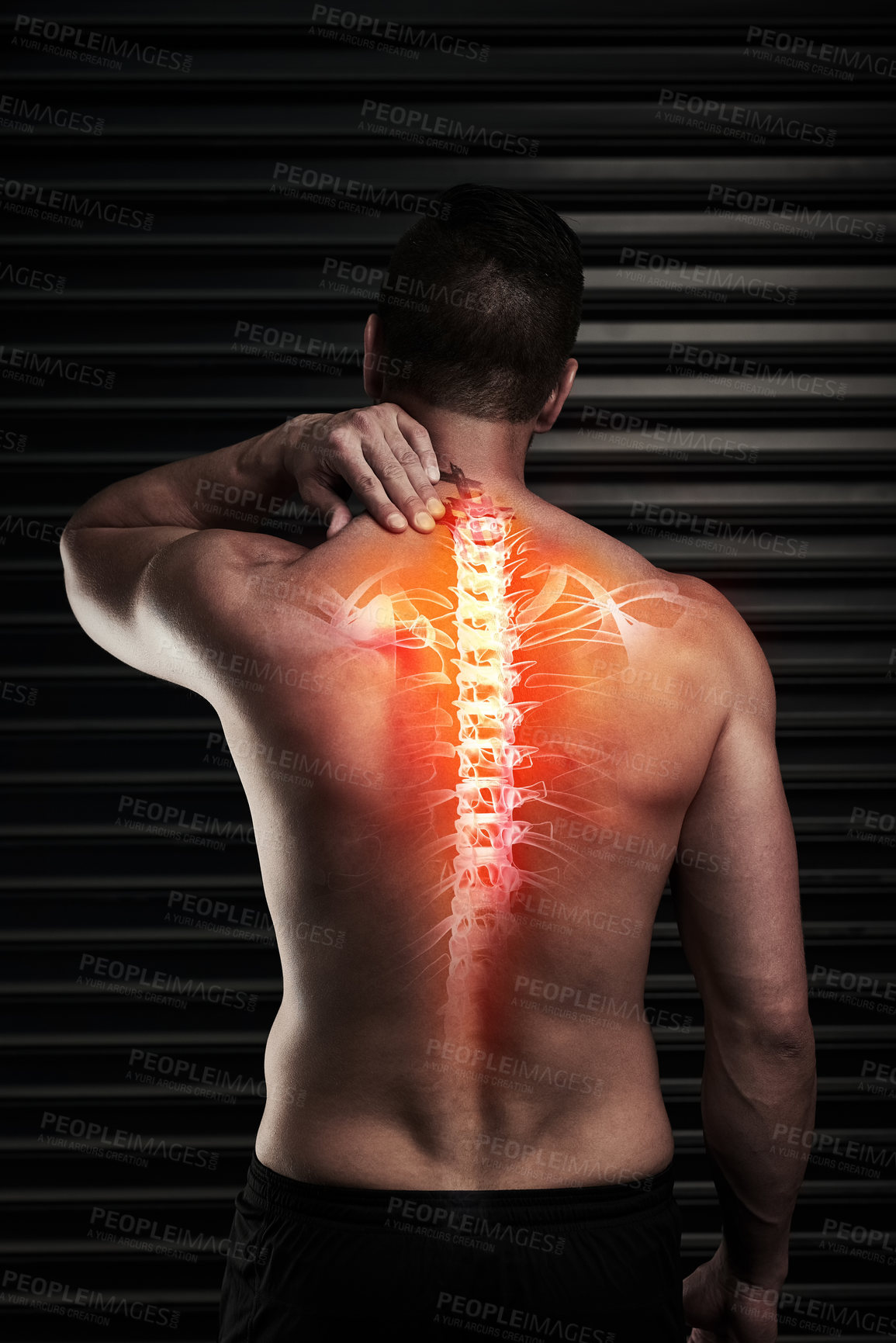 Buy stock photo Man, back and spine with inflammation from injury with 3d anatomy, orthopedic skeleton and rear view. Athlete, pain and muscle with red overlay glow in joint from exercise, workout and medical strain